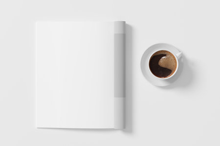 Magazine left-hand page mockup and cup of coffee on white desk. 3d illustrationの写真素材