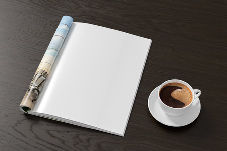 Magazine right-hand page mockup and cup of coffee on black wooden desk. 3d illustrationの写真素材