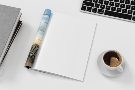 Magazine right-hand page mockup on BBB workplace desk. 3d illustrationの写真素材