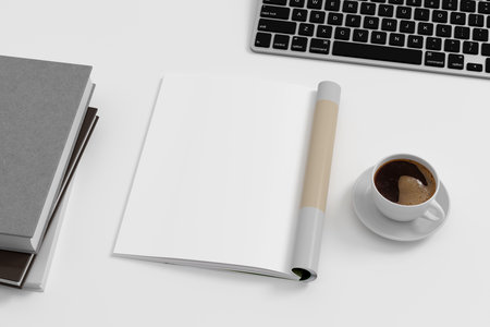 Magazine left-hand page mockup on white workplace desk. 3d illustrationの写真素材
