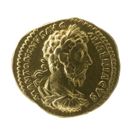 Marcus Aurelius Antoninus, Roman emperor and a Stoic philosopher. Aureus with the profile of the emperorの写真素材