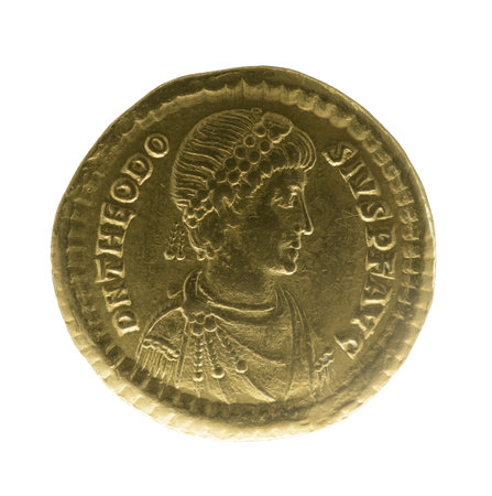 Theodosius I, Theodosius the Great -  Roman emperor. Aureus with the profile of the emperorの写真素材
