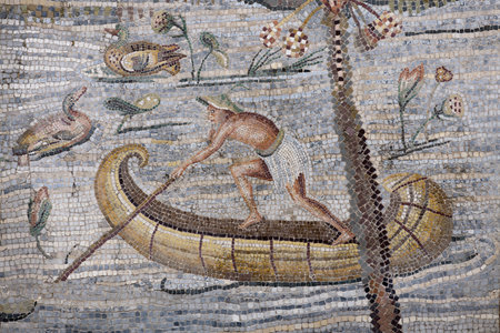 Fragment of Nile mosaic or Palestrina Mosaic. Nilotic landscape from Palestrina, Italyの写真素材