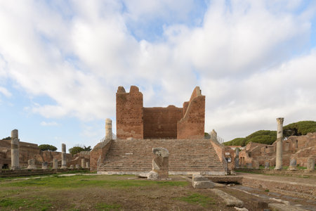 Capitolium, Temple of the Capitoline Triad: Jupiter, Juno, and Minerva. Ostia Antica. Ruins of ancient roman city and port. Rome, Latium, Italyのeditorial素材