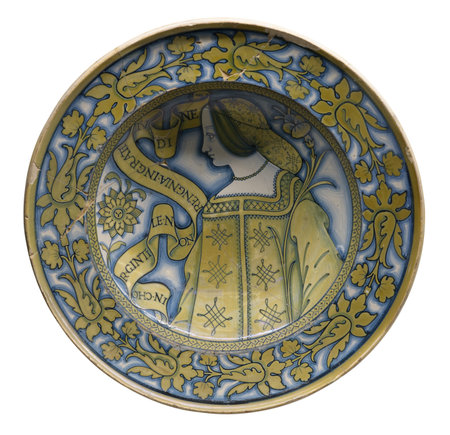 "Bella donna" maiolica charger plate with a female portrait.  Ravenna, Italyのeditorial素材