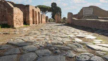 Ancient roman road in Ostia Antica. Rome, Latium, Italyのeditorial素材