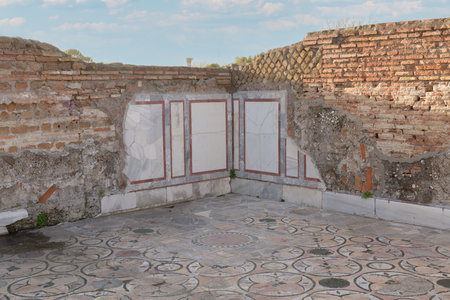 "Opus sectile" mosaic floor decoration of a house in Ostia Antica. Ruins of ancient roman city and port. Rome, Latium, Italyのeditorial素材