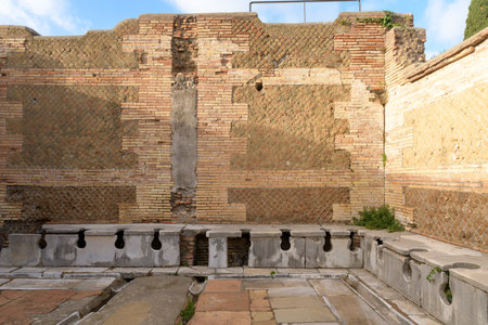 Ancient public toulet in Ostia Antica - ancient roman city and port. Rome, Latium, Italyのeditorial素材