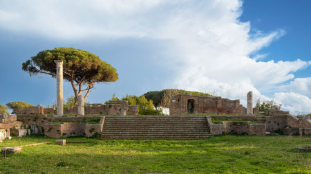Round Temple (Tempio Rotondo) in Ostia Antica. Ruins of ancient roman city and port. Rome, Latium, Italyのeditorial素材