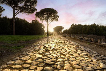Ancient roman road at evening in Ostia Antica. Rome, Latium, Italyのeditorial素材