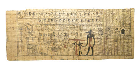 Book of the Dead, papyrus. Psicostasia or weighing of the soul, Anubis, the jackal-headed funerary...