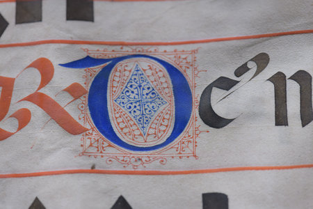 Detail with initial letter and musical notation from illuminated antiphonary manuscript from Ferarra