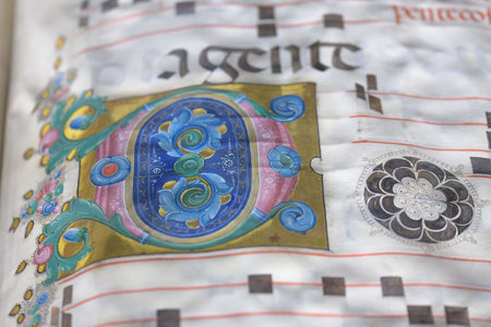 Detail with initial letter and musical notation from illuminated antiphonary manuscript from Ferarra