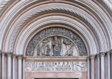 The portal of the Virgin of Baptistery of Parma (Battistero di Parma). Parma, Italyのeditorial素材