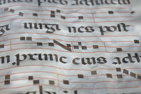 Detail with musical notation from illuminated antiphonary manuscript from Ferarraのeditorial素材