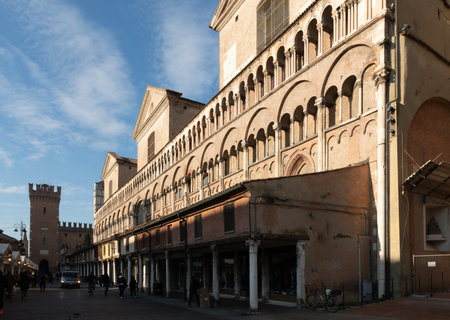 South wall with shopping gallery (stalls) of cathedral of Saint George. Ferrara, Emilia-Romagna,...