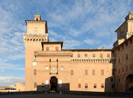 The Castello Estense ('Este castle') or castello di San Michele ('St. Michael's castle'), medieval castle in Ferrara, Emilia-Romagna, Italy.のeditorial素材