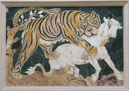Tigress attacking a calf, marble opus sectile (325â350 AD) from the Basilica of Junius Bassus on the Esquiline Hill, Rome, Italyの写真素材