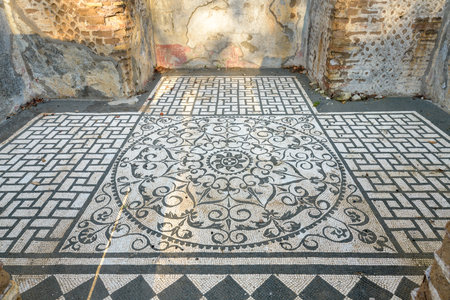 Hadrian's Villa (Villa Adriana; Villa Hadriana) - The Hospitalia interior and floor mosaic - villa of emperor Hadrian near Tivoli outside Rome, Italy.の写真素材