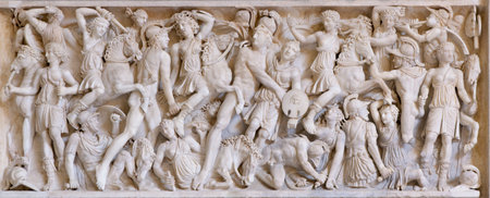 Scene from the Trojan War: Greeks fighting the Amazons; centre: Achilles and the dying Penthesilea....