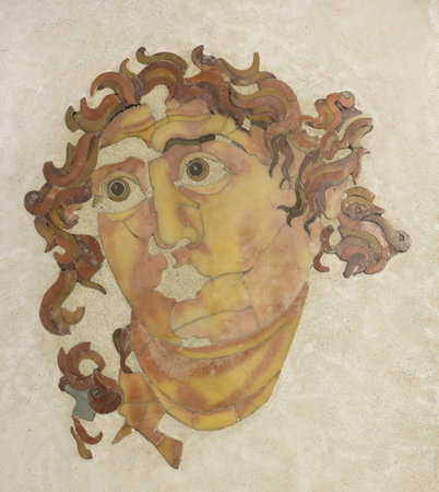 Head of Helios in opus sectile, from the Mithraeum of Santa Prisca on the Aventine, 1st half of the 3rd century ADの写真素材