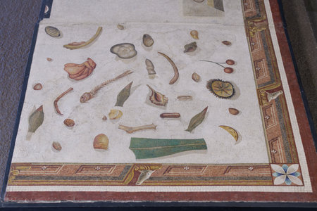 Asarotos oikos mosaic (Ancient Greek: á¼ÏÎ¬ÏÏÏÎ¿Ï Î¿á¼¶ÎºÎ¿Ï "the unswept floor) - Ancient Roman mosaic depicting the dirty remnants of a banquet. Detailの写真素材