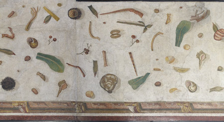 Asarotos oikos mosaic (Ancient Greek: á¼ÏÎ¬ÏÏÏÎ¿Ï Î¿á¼¶ÎºÎ¿Ï "the unswept floor) - Ancient Roman mosaic depicting the dirty remnants of a banquet. Detailの写真素材