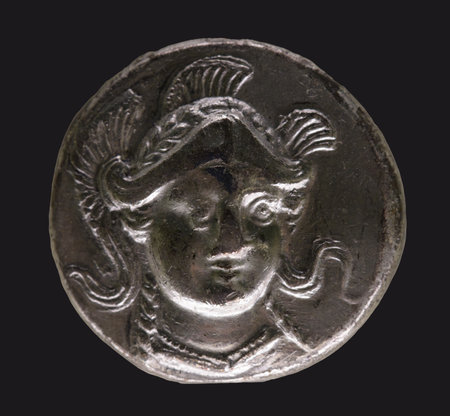 Audoleon tetradrachm. Silver tetradrachm struck during  Audoleon's reign. Head of Athena with Attic helmetの写真素材