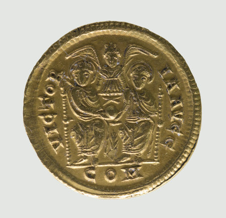 Gold Solidus of Roman Emperor Valens  "Two Emperors Enthroned" reverse typeの写真素材