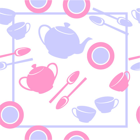 Vector. Seamless ornament with tea set  in color  23のイラスト素材