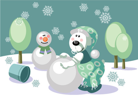 Vector. Bear make snowman color 16のイラスト素材