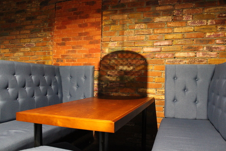 View of the club hall. Tables and chairs with beautiful coversの写真素材