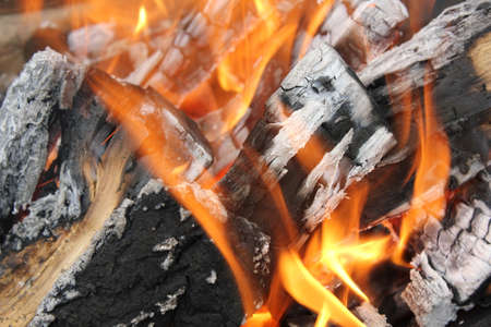 Bright burning fire of pine wood at fireplaceの写真素材