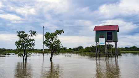 Tonle Sap Lake, Siem Reap Province, Cambodia. Tourists are going by a boat with at the grove by a river. Excursion to the lake Tonle Sap from Siem Reap.の写真素材