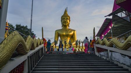 PATTAYA, THAILAND - NOVEMBER 21, 2017:  Aasian tourists and Panoramic view  from observation deck. long tower, different buildings and ocean in the background. Big Buddha Hill Sunset.のeditorial素材