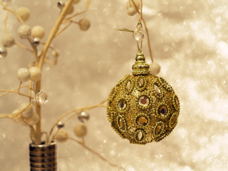 Fir tree decoration. New Year 2019. Light background. New Year mood, Christmas tree toys. Lights, bokeh. festive. Merry Christmas Abstract Blurred Christmas Lights Background. Copy space for design.の写真素材