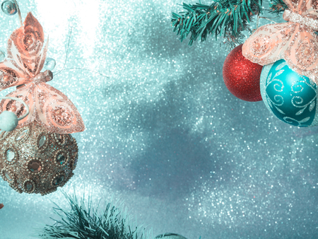 Fir tree decoration. New Year 2019. Light background. New Year mood, Christmas tree toys. Lights, bokeh. festive. Merry Christmas Abstract Blurred Christmas Lights Background. Copy space for design.の写真素材