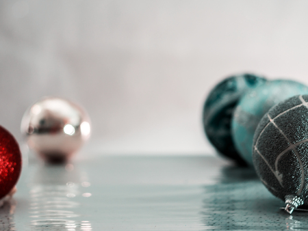 Christmas tree toys with blurred, sparkling, Light and fairy background. Fir tree decoration. New Year 2019. New Year mood,  Lights, bokeh. festive. Merry Christmas concept. Copy space for design.の写真素材