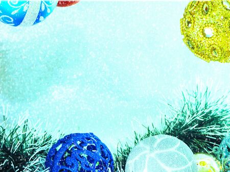 Fir tree decoration. New Year 2020. Light background. New Year mood, Christmas tree toys. Lights,...