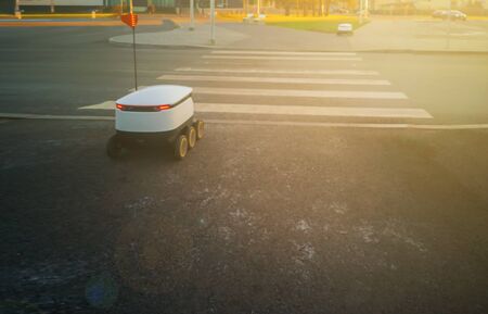 Two moving delivery robots on the street. crossing the road with a pedestrian crossing. Cyber-couriers are already cruising the sidewalks in Estoni. Copy space for design. Modern delivery conceptの素材 [FY310134807603]