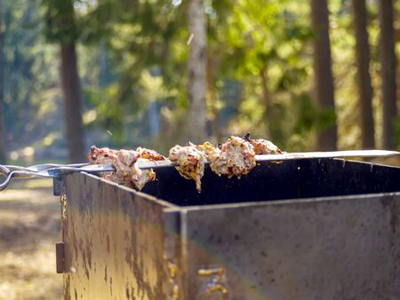 Red hot burning charcoal preparing for grilling, barbecue grill, BBQ. Forest on the background. Waiting for the placement of your food. Close up. vacation conceptの写真素材
