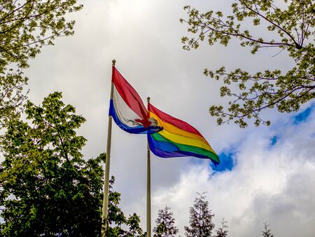 LGBT and Holland flags on poles blow in the wind. Symbol of tolerant. Gay sign rainbow. The rainbow pride, Trees and blue cloudy sky on the background. Copy spaceの写真素材