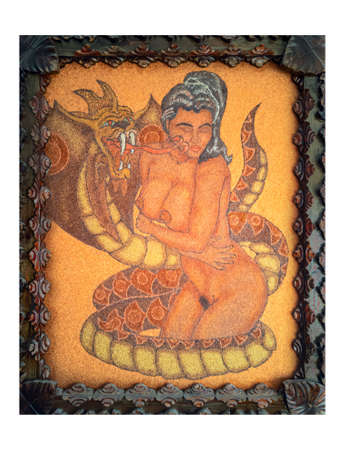 Pet Python hugs woman. Pet Python hugs woman. Painting of a beautiful brunette woman with snake. .Girl with dragon. Small metall shavings, abstract background, texture. Concept of sexualityの写真素材