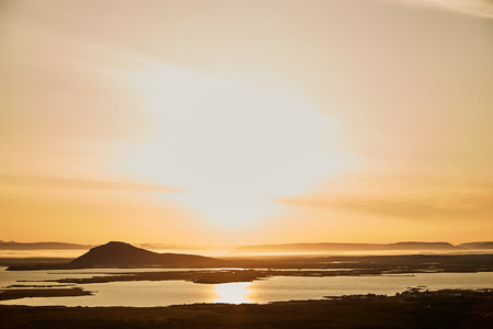 Famous Lake Myvatn at sunset. Sunset in Icelandの写真素材