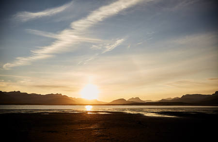 Sunset in Iceland. The silhouettes of the mountains
