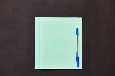 Exercise book with ballpoint pen. Notebook in-line. On Black Background.の写真素材