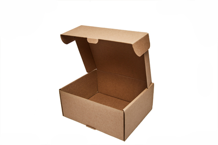 close-up single carton box open empty isolated on white background, brown parcel cardboard box for...