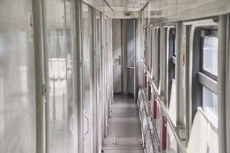 Empty corridor in the train car. Close up.