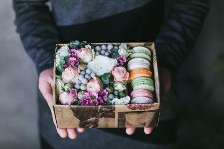 Multicolored handmade macarons in a gift box.の写真素材