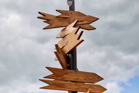 Empty sign pointers with a space for text. Wooden pointers on a wooden pole.の写真素材